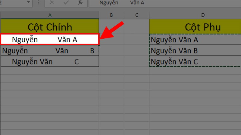 Chọn ô đầu tiên của cột chứa dữ liệu cần xóa khoảng trắng