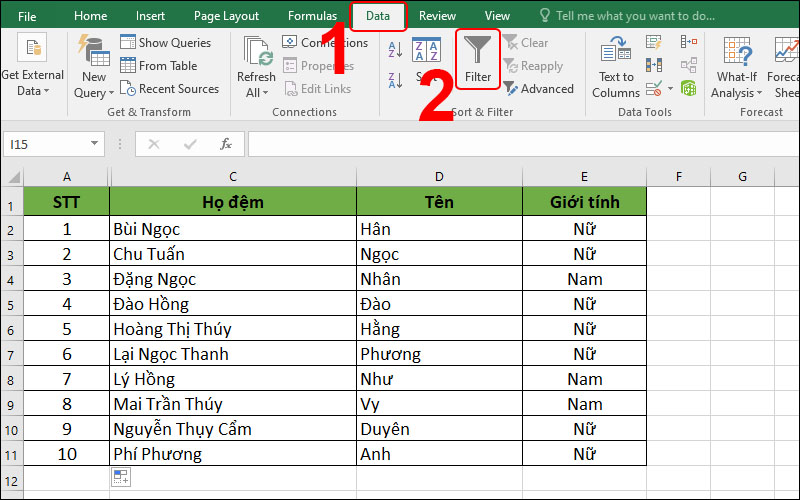 Chọn thẻ Data và chọn Filter