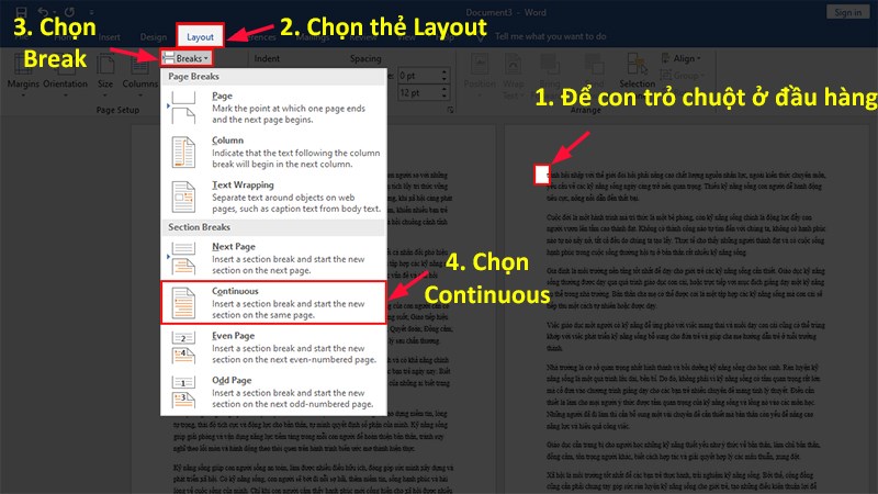 Đưa con trỏ chuột đến đầu dòng văn bản của trang bạn muốn xoay chọn Continous