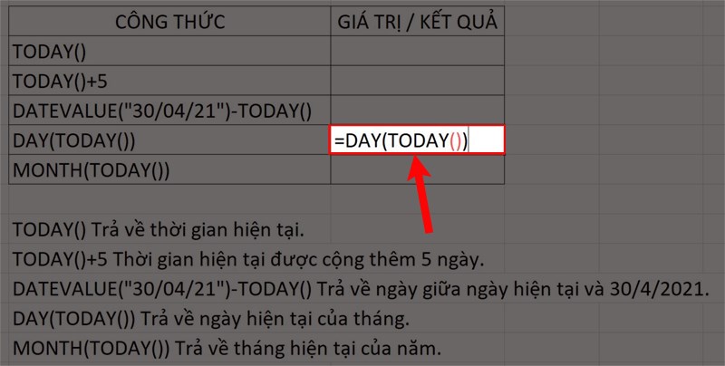 Nhập =DAY(TODAY()) vào ô dữ liệu cần nhập.