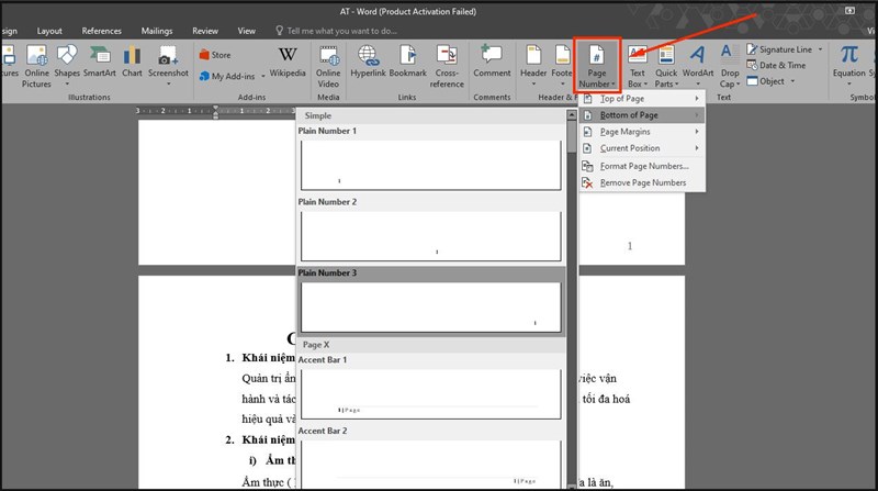 Insert > Page Number > Chọn kiểu đánh số