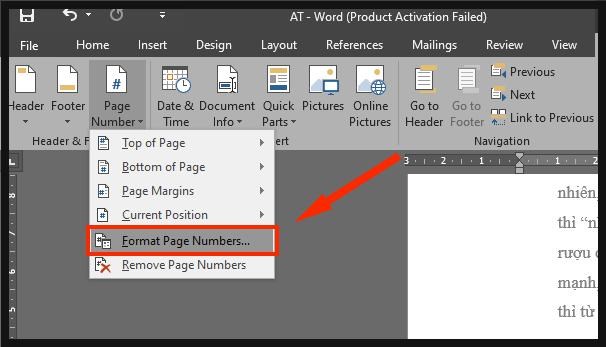 Page Number > Chọn Format Page Numbers
