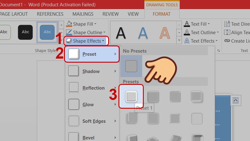 Nhấn vào Shape Effects > chọn Preset > chọn tạo viền 3D như hình