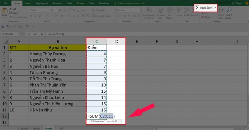 Cách tính tổng trong Excel với AutoSum