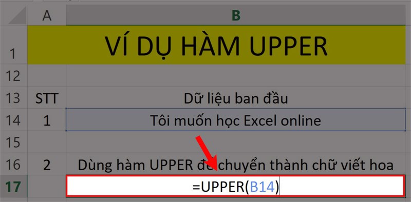 Ví dụ minh họa hàm UPPER chuyển đổi chữ viết.