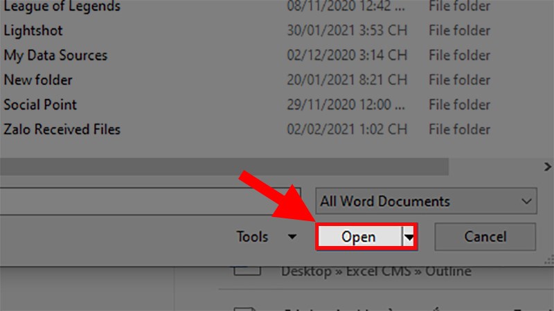  Nhấp vào file Word đã tìm được > Nhấn Open để mở file