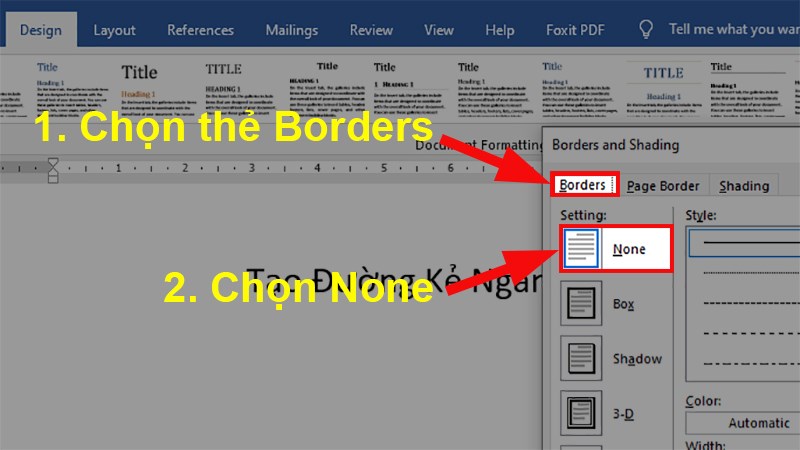 Ở hộp thoại Border and Shading > Chọn thẻ Border > Trong phần Setting > Chọn None.