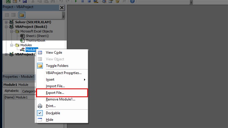 Nhấp chuột phải vào phần Module và chọn Export File