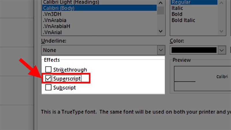 Đi đến mục Effect > Tích chọn Superscript > Nhấn OK