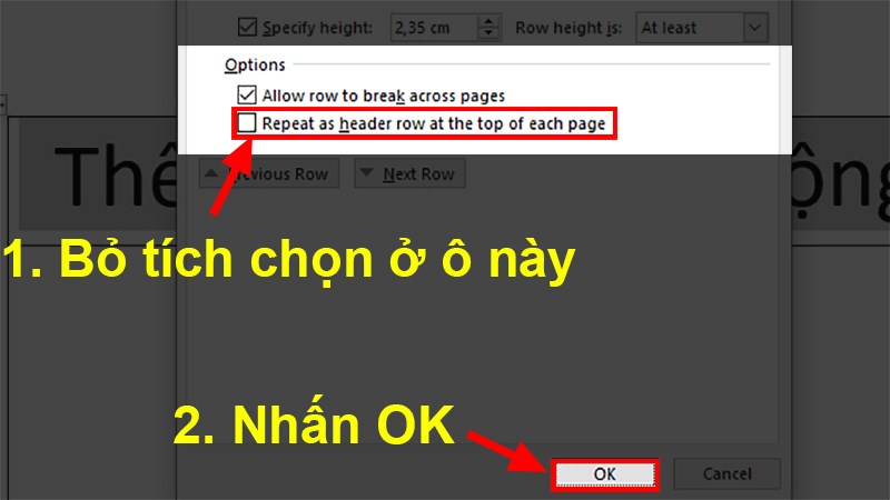 Bỏ dấu tích ô Repeat as header row at the top of each page