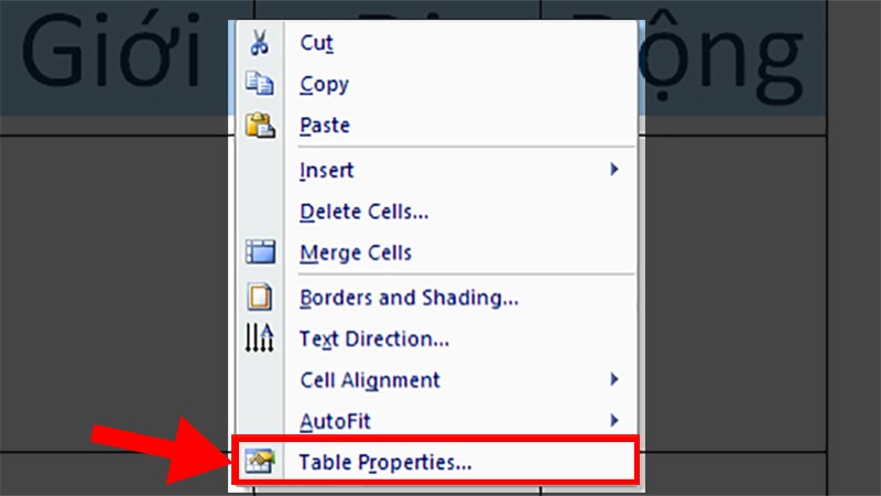Chọn Table Properties