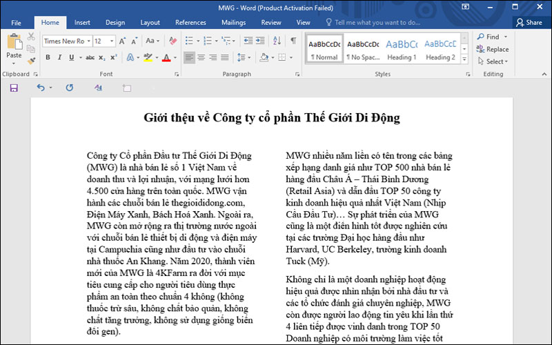 Văn bản được chia thành 2 cột đều nhau
