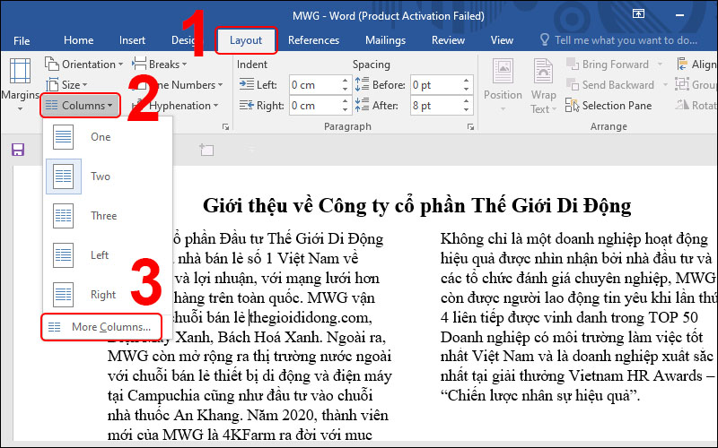 Chọn Layout, chọn Columns và chọn tiếp More Columns