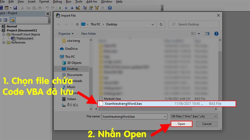 Ở hộp thoại hiện lên > Chọn file có mã code đã lưu > Nhấn Open