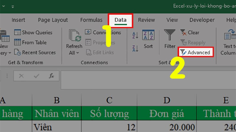 Chọn thẻ Data > Sort & Filter > Chọn Advanced