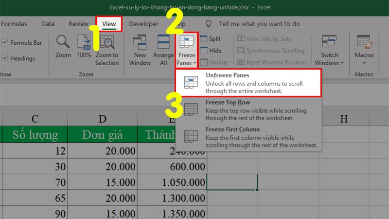 Chọn thẻ View > Mục Window > Nhấn vào Freeze Pane > Chọn Unfreeze Pane