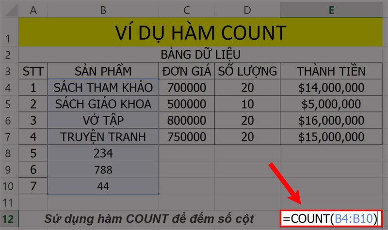 Ví dụ minh họa hàm COUNT.