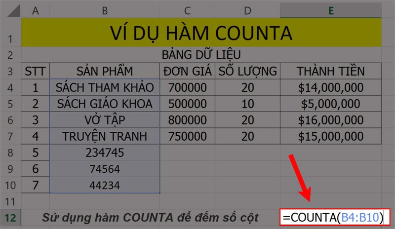 Ví dụ minh họa hàm COUNTA.