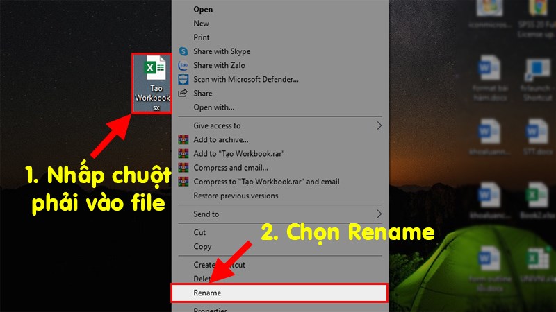 Nhấn chuột phải vào file Excel cần đổi tên  Chọn Rename và đổi tên