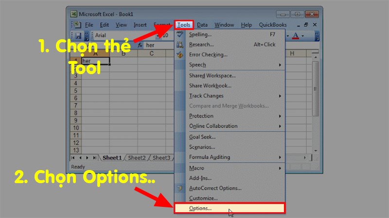 Mở file Excel  Chọn thẻ Tools  Chọn Options