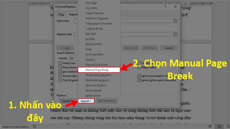 Nhấn vào Special > Chọn mục Manuel Page Breaks