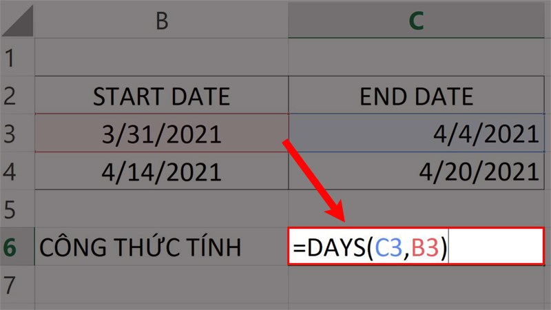 Nhập hàm =DAYS(C3,B3) vào ô bảng tính.