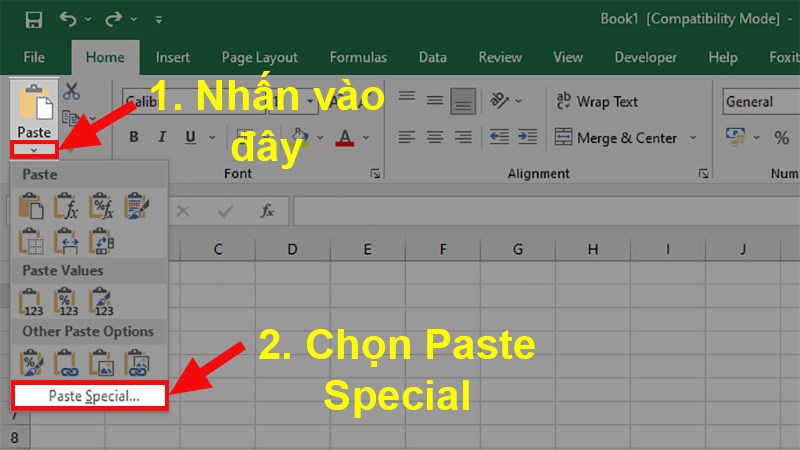 Chọn thẻ Home  Nhấn vào mũi tên ở phần Paste  Chọn Paste Special