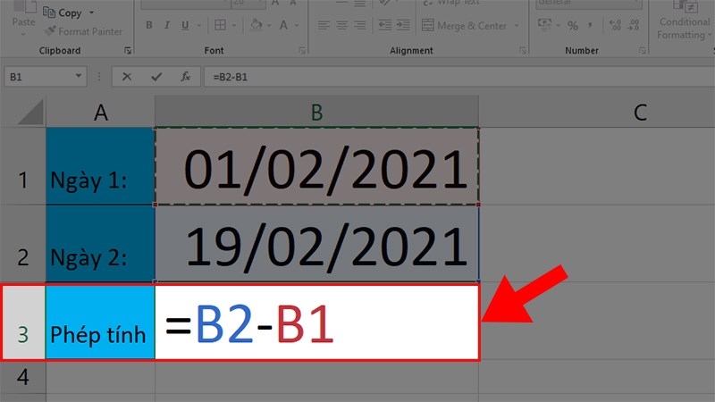 Ở ô B3, ô kết quả bạn nhập: =B2-B1 > Nhấn Enter