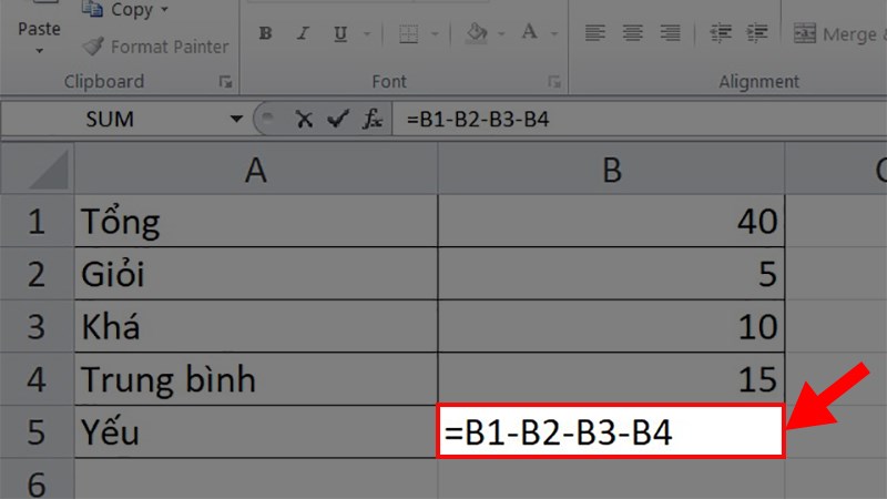 Nhập công thức: =B1-B2-B3-B4