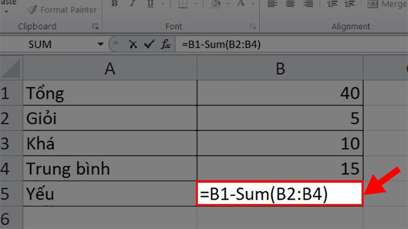 Nhập công thức: =B1-Sum(B2:B4)