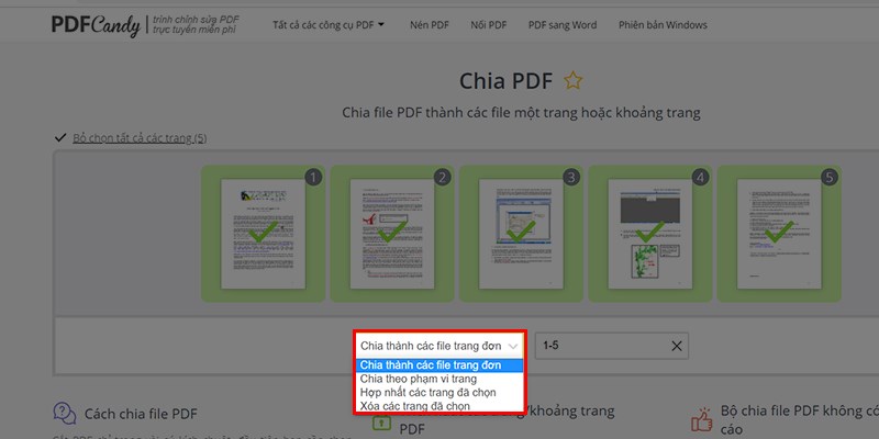 Nhấn vào mũi tên ngược để chọn tính năng tách file bạn cần