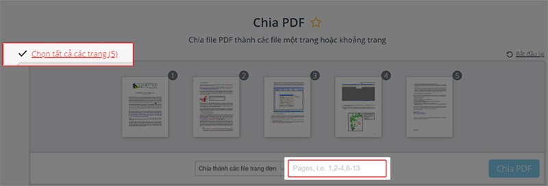 Chọn trang bạn cần cắt trên file bạn có chọn 1 hoặc chọn tất cả các trang