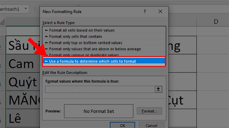 Chọn Conditional Formatting > Chọn New Rule” class=”lazy” src=”http://cdn.tgdd.vn/hoi-dap/1392013/2-cach-so-sanh-du-lieu-tren-2-cot-excel-bang-ham-cuc-don-9.jpg”/></p>
<p>Chọn Conditional Formatting > Chọn New Rule</p>
<p><strong>Bước 5:</strong> Ở hộp thoại hiện lên chọn <strong>Use a formula to determine which cells to format</strong>.</p>
<p><img alt=