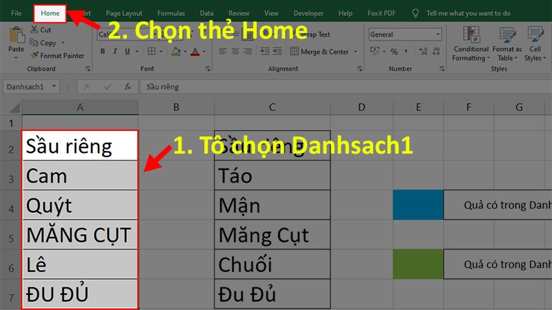 Lựa chọn toàn bộ Danhsach1 > Chọn thẻ Home