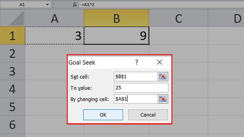 Sử dụng Goal Seek để tìm ra giá trị đầu vào để có được kết quả bình phương là 25