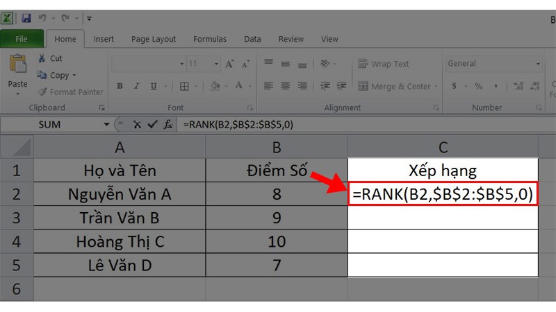 Công Thức RANK Trong Excel