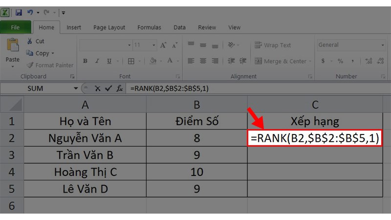 Nhập công thức ở ô xếp hạng đầu tiên là =RANK(B2,$B$2:$B$5,1)