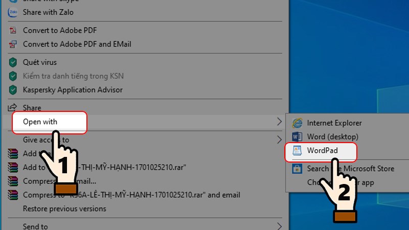 Chọn mở bằng công cụ WordPad