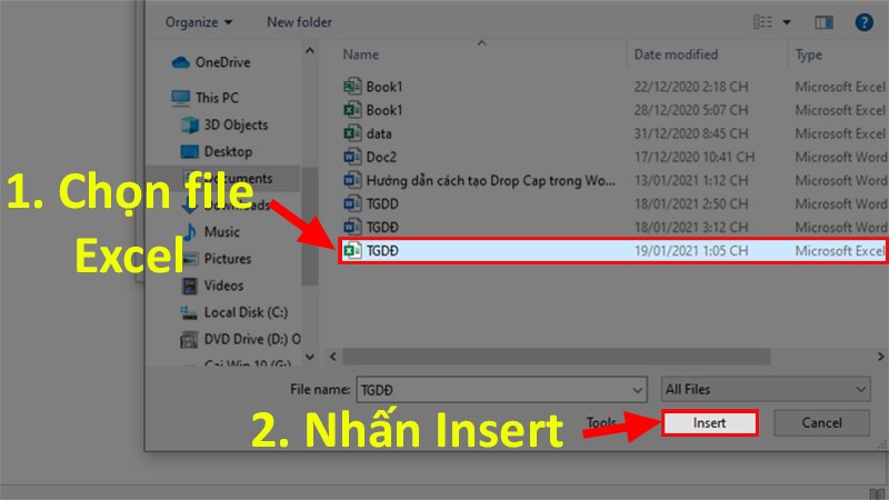 Chọn File Excel > Nhấn Insert