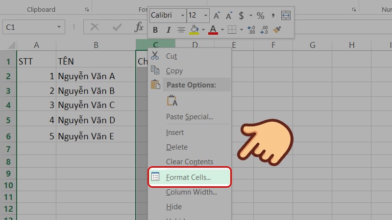 Bôi đen cột cần thêm đơn vị, rồi nhấn chuột phải chọn Format Cells…