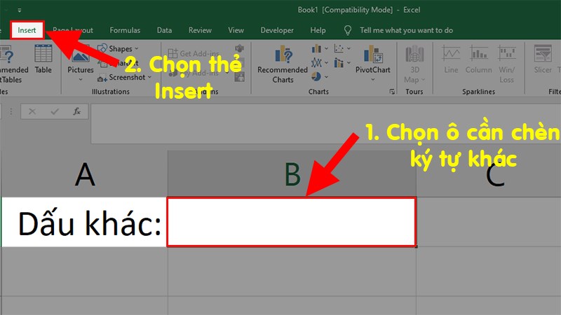Mở file Excel > Đặt con trỏ chuột tại vị trí mà bạn muốn chèn ký hiệu > Chọn thẻ Insert