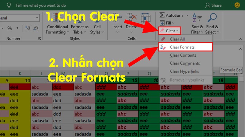 Đi đến mục Editing Chọn Clear  Clear Format để xóa định dạng tô màu