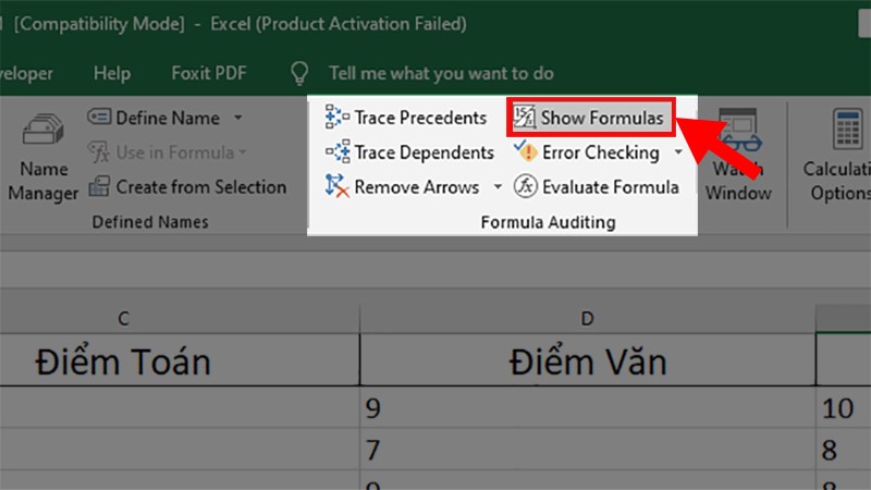 Ở phần Formula Auditing > Nhấn vào Show Formulas để hiển thị công thức trong Excel