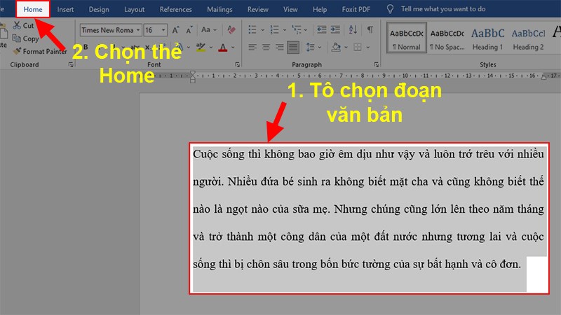 Mở file Word bị cách dòng xa > Bôi đen đoạn văn bản bị cách dòng xa > Chọn thẻ Home