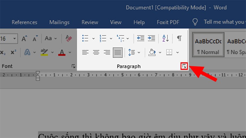 Đi đến mục Paragraph > Nhấn vào mũi tên hướng xuống