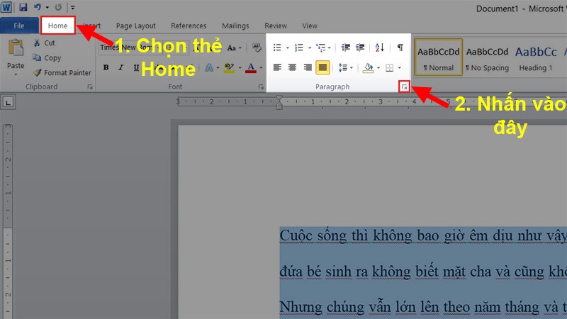 Bôi đen đoạn văn bản bị cách dòng xa  Chọn thẻ Home  Đi đến Paragraph  Nhấn vào mũi tên hướng xuống