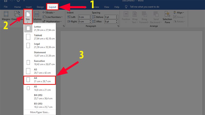 Chọn Advanced > Ở mục Display đổi Inches thành Centimeters (cm)” class=”lazy” src=”http://cdn.tgdd.vn/hoi-dap/1392060/cach-soan-thao-trinh-bay-van-ban-dung-chuan-viet-nam-tren5-800×450.jpg”/></p>
<p>Chọn Advanced > Ở mục Display đổi Inches thành Centimeters ( cm )</p>
<p><strong>Bước 2:</strong> Chỉnh lại <strong>khổ giấy</strong> như sau:</p>
<p>Vào thẻ <strong>Layout</strong> > Mục <strong>Page Setup</strong> > Chọn <strong>Size</strong> > Chọn <strong>khổ giấy</strong> <strong>A4</strong></p>
<p><img alt=