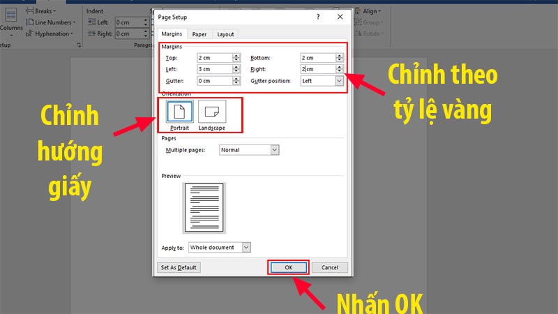 Vào thẻ Layout > Mục Page Setup > Chọn Margins > Chọn Custom Margins..” class=”lazy” src=”http://cdn.tgdd.vn/hoi-dap/1392060/cach-soan-thao-trinh-bay-van-ban-dung-chuan-viet-nam-tren7-800×450.jpg”/></p>
<p>Vào thẻ Layout > Mục Page Setup > Chọn Margins > Chọn Custom Margins ..</p>
<p>Hộp thoại <strong>Margins</strong> hiện lên chúng ta căn lề theo “T<strong>iêu chuẩn vàng</strong>” là <strong>2 – 2 – 3 – 2</strong> theo thứ tự <strong>Top</strong> (trên) > <strong>Bottom</strong> (dưới) > <strong>Left</strong> (trái) > <strong>Right</strong> (phải).</p>
<p>Ngoài ra bạn cũng có thể chọn <strong>hướng giấy</strong> cho văn bản của mình theo <strong>Chiều dọc</strong> (<strong>Portrait</strong>) hoặc <strong>Chiều ngang</strong> (<strong>Landscape</strong>).</p>
<p><img alt=