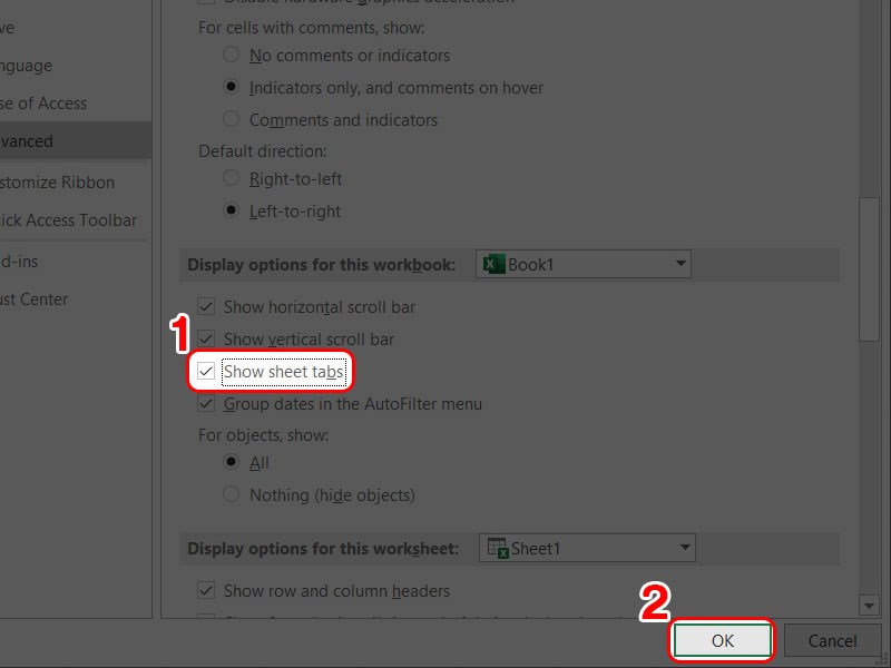 Check chọn Show sheet tabs và nhấn OK