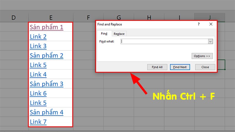 Mở file Excel có chứa Hyperlink cần xóa  Nhấn tổ hợp phím Ctrl + F để mở hộp thoại Find